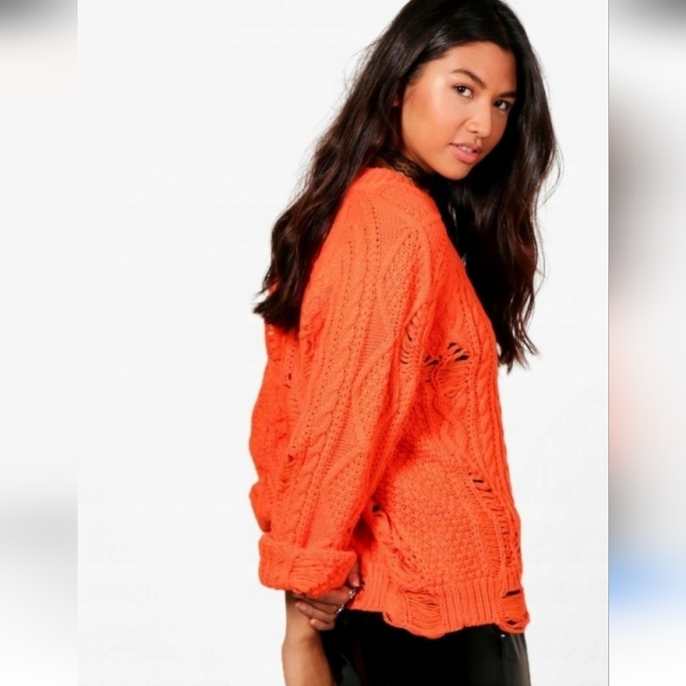 Boohoo Bright Orange Cable Knit Sweater Distressed Details S/M